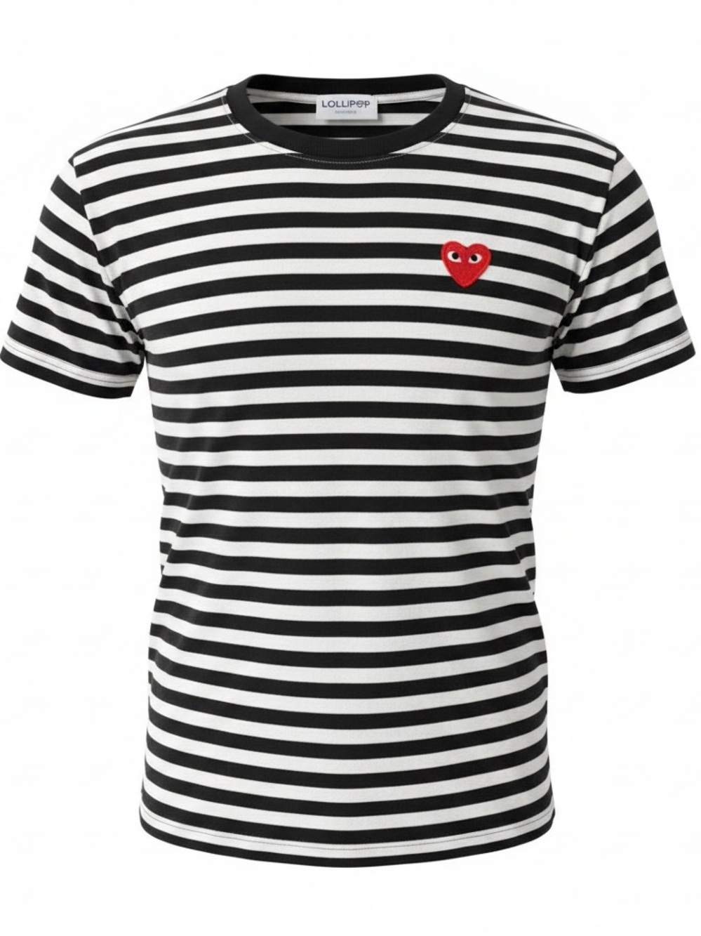 Lollipop Black & White Striped Short Sleeve Tee with Red Heart Patch